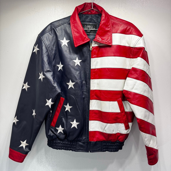 Vintage Leather USA Bomber Jacket American Flag Patriotic Stars & Stripes Moto - Picture 2 of 15